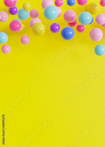 Vibrant  multicolored balls  balloons on yellow background  ideal for festive or playful themes. Empty  copy space. Backdrop for party or celebration invitations  children s parties  play centers. 3D.