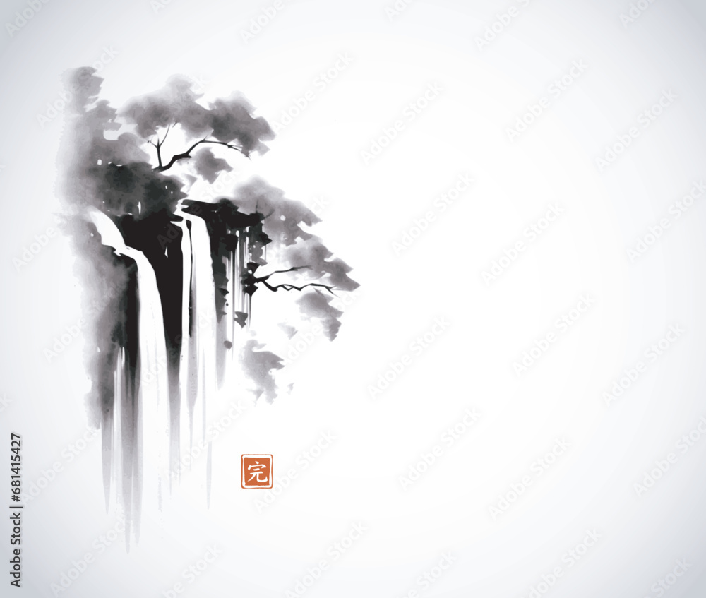 Ink painting of small forest waterfall. Traditional oriental ink painting sumi-e, u-sin, go-hua. Translation of hieroglyph - perfection - obrazy, fototapety, plakaty 