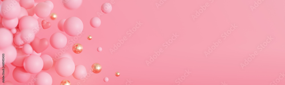 Pink background with bubbles, hearts and copy space. It's a girl banner with empty space. Baby shower or birthday invitation. Baby girl birth announcement. Valentine's Day, Mother's, Women's Day. 3D. Pink background with bubbles, hearts and copy space. It's a girl banner with empty space. Baby shower or birthday invitation. Baby girl birth announcement. Valentine's Day, Mother's, Women's Day. 3D.