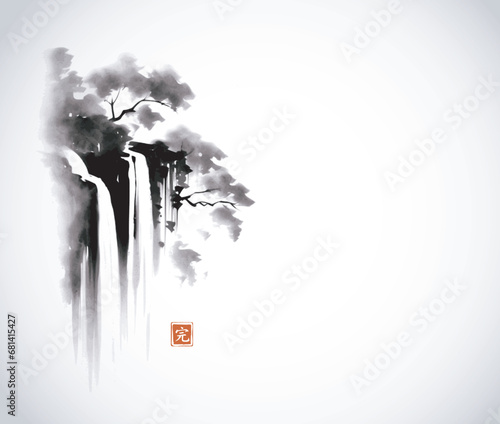 Ink painting of small forest waterfall. Traditional oriental ink painting sumi-e, u-sin, go-hua. Translation of hieroglyph - perfection