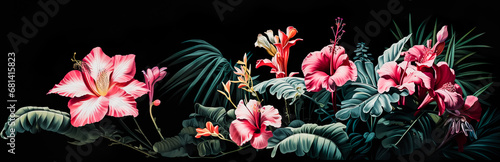 Luxurious vintage floral  flower with botanical in digital painting or etching holotone printing color style.beautiful illustration flower blooming in dark background