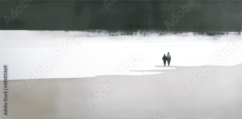 Ink painting of two people standing of the sandy shore of the sea. Traditional Japanese ink wash painting sumi-e.