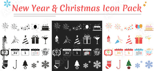 Best Christmas and New Year Icons Pack with flat and minimalist style in 3 Different Option
