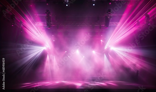 Light beams with pink smoke in a light show background.