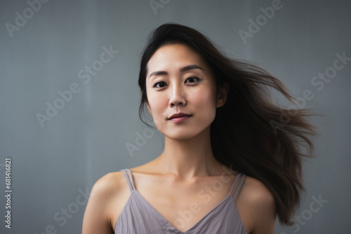 Portrait of a beautiful asian woman with long hair in grey top.