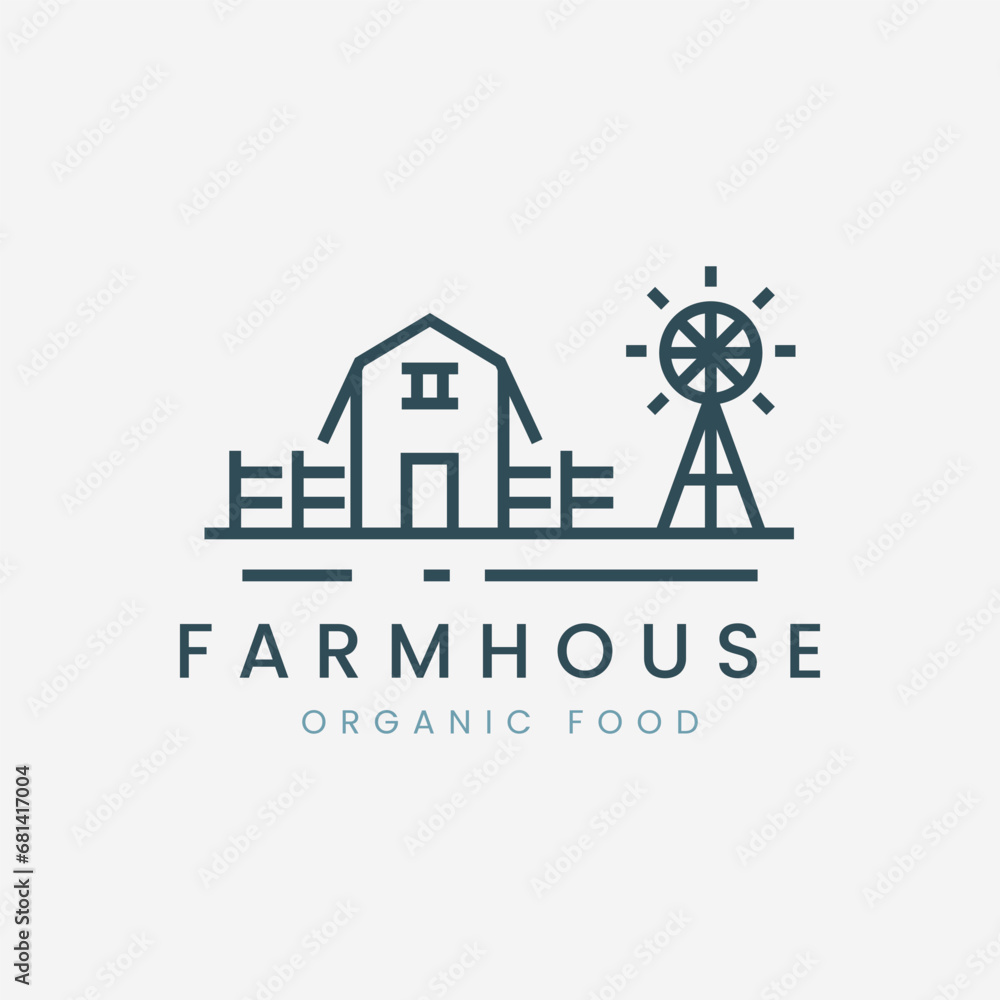 farm house minimalist logo vector illustration template design. with windmill and fence icon