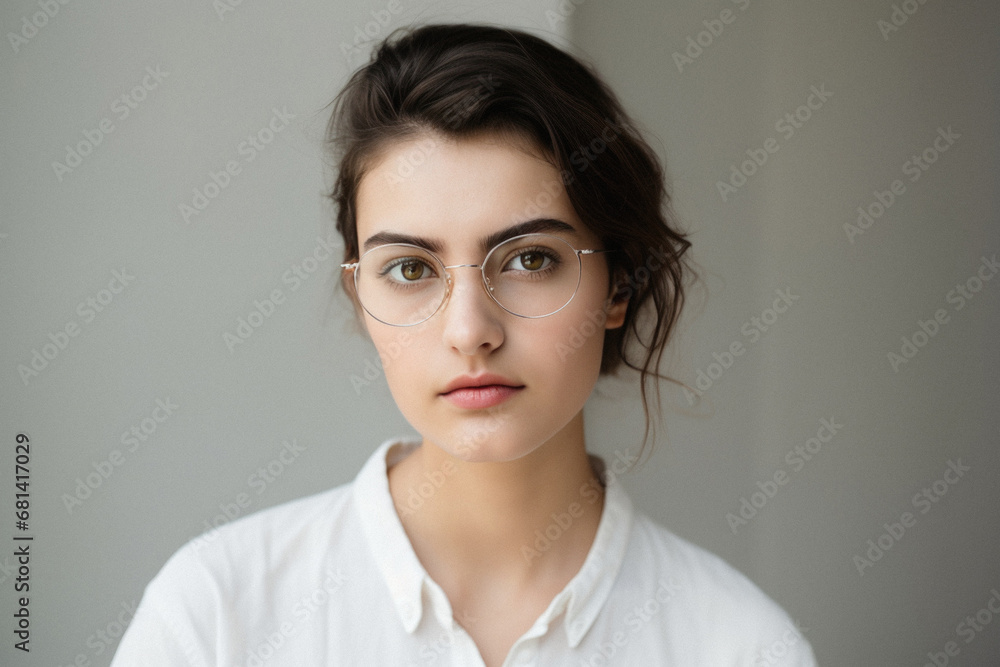 Portrait of a beautiful young woman in a white shirt and glasses. Portrait of a beautiful young woman in a white shirt and glasses.