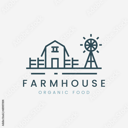 farm house minimalist logo vector illustration template design. with windmill and fence icon