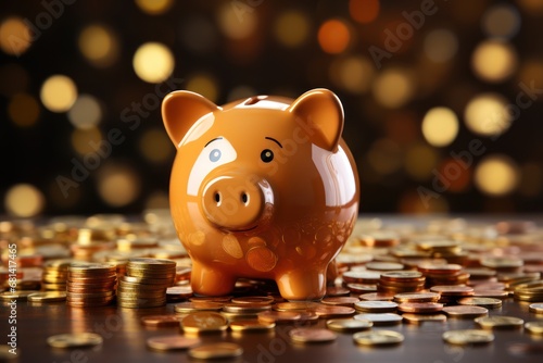 piggy bank with a gold coin above it on background