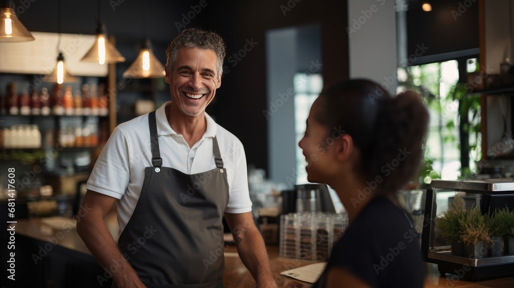 Joyful Restaurant employee serving a customer, creating a friendly and welcoming atmosphere in a local bakery. Ai generated Joyful Restaurant employee serving a customer, creating a friendly and welcoming atmosphere in a local bakery. Ai generated