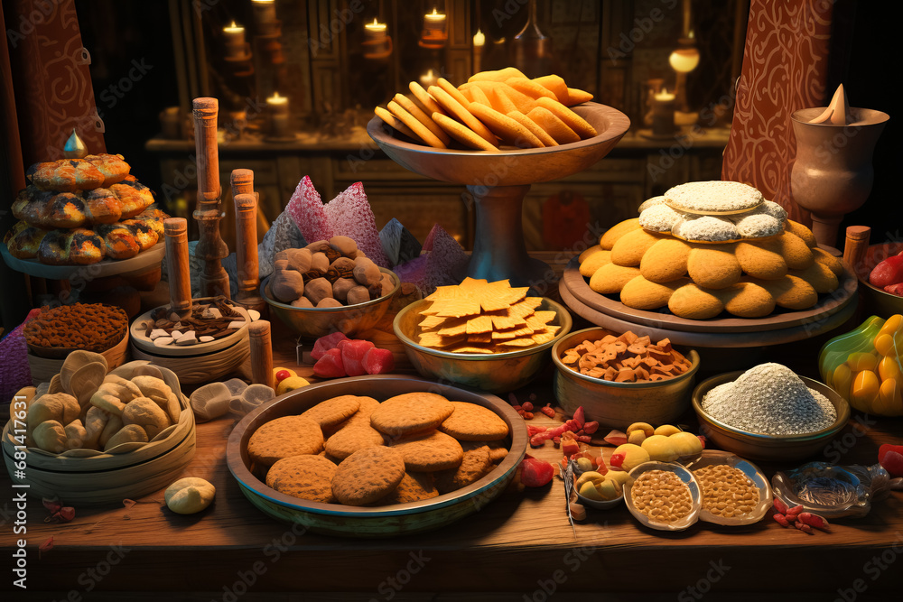 Fototapeta premium Arabic sweets, pastries cookies on served table. bakery. Arabic pastries concept