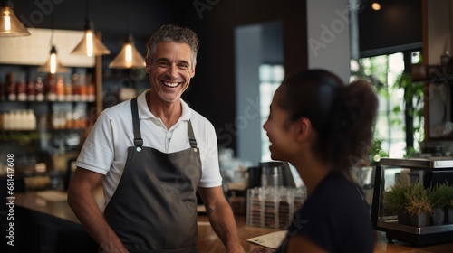 Joyful Restaurant employee serving a customer, creating a friendly and welcoming atmosphere in a local bakery. Ai generated