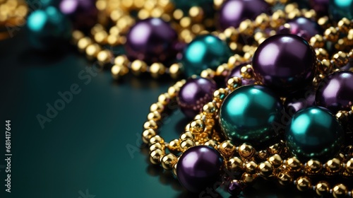 Banner with gold, purple and green Mardi Gras beads and place for text photo