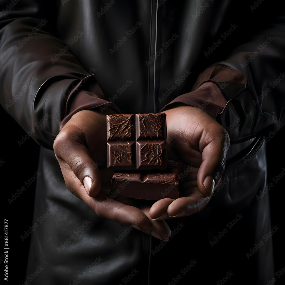 Hand-holding dark chocolate pieces. High quality