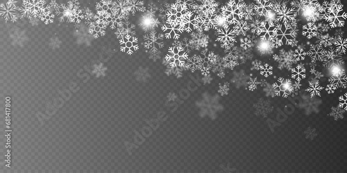 Falling snowflakes and snow on horizontal background. Vector illustration.