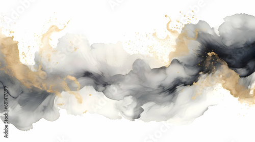 Ink watercolor grey and sparkling gold splash on a white background. High-resolution
