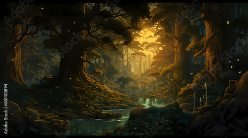 Fantasy beautiful landscape with mystic fairy tale forest.