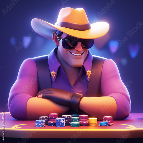 Poker player avatar illustration. Cool poker player 3d style illustration. Cowboy poker player avatar. Poker player logo. Poker player icon. photo