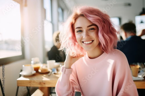 Happy woman with pink hair in a cafe. Concept: Joyful casual lifestyle.