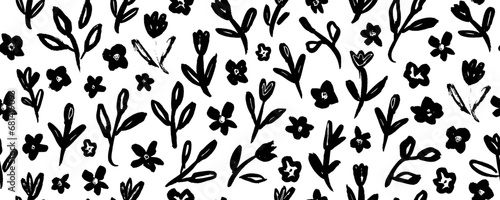 Trendy floral seamless pattern for fabric design. Flowers in Japanese style black and white texture. Summer vector illustration. Abstract grunge texture. Hand drawn brush pattern.