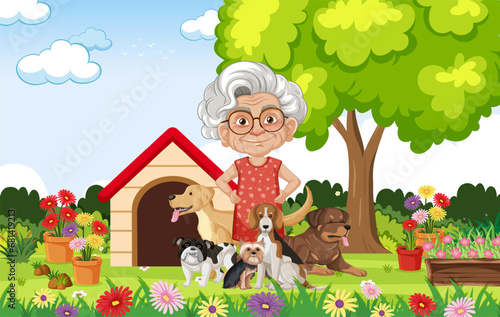 Grandmother and her Pet Dogs in a Flower Garden