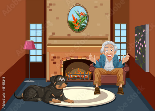Excited Grandfather with Rottweiler Dog in Living Room