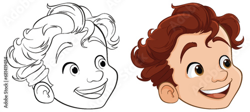 Smiling Cartoon Boy with Cute Doodle Outline