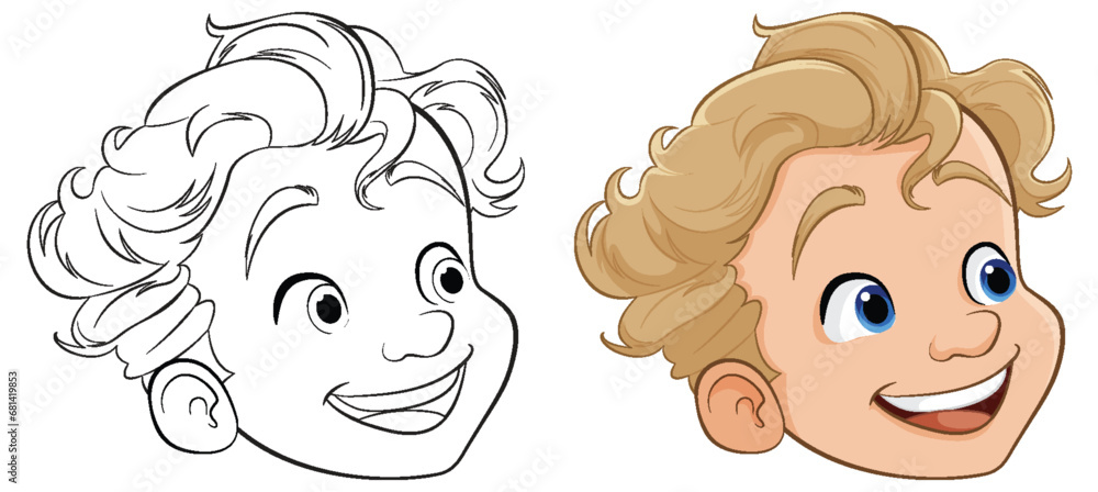 Smiling Cartoon Boy with Cute Doodle Outline Smiling Cartoon Boy with Cute Doodle Outline