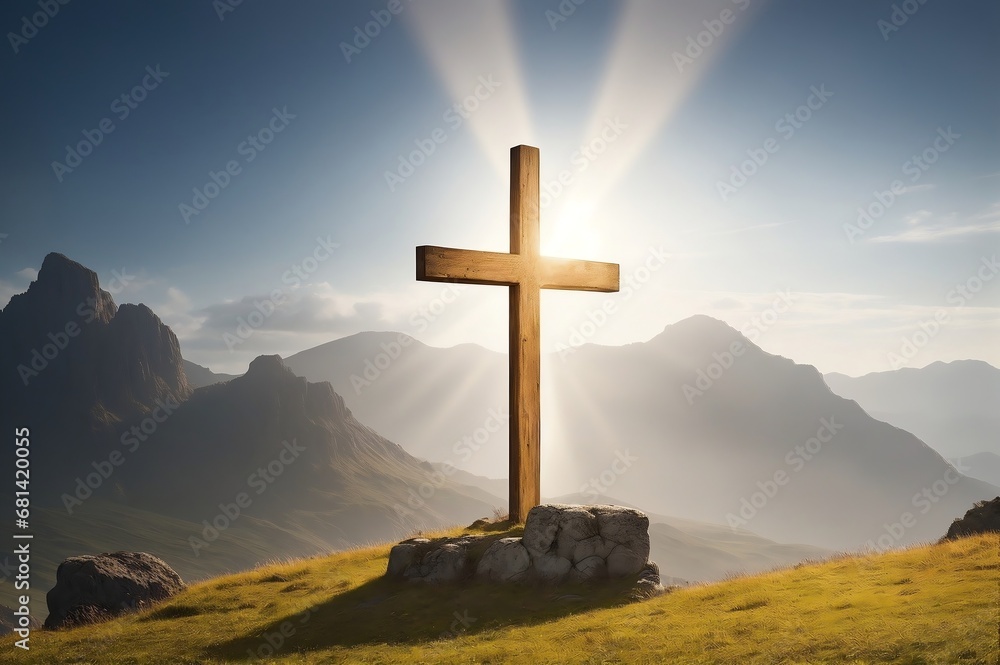 A majestic cross illuminated by a radiant sunrise against the backdrop of serene mountains; a moment of divine inspiration and peace