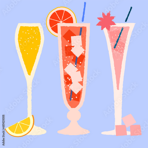 Set of glasses with wine and cocktails. Vector illustration with texture. Citrus alcoholic drink. Soft drink. Orange grapefruit fresh