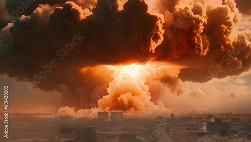 Nuclear war apocalypse concept. Explosion of nuclear bomb in city. City destroyed by atomic war. Creative artwork decoration in dark. Selective focus photo
