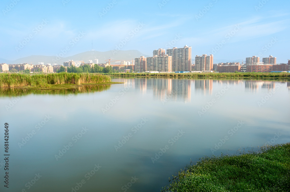 City scenery, lakes and urban architecture in Anhui, China.