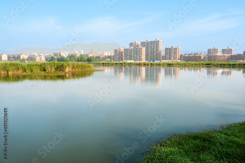 City scenery, lakes and urban architecture in Anhui, China.