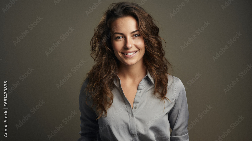 Portrait of a beautiful young woman with long curly hair in a gray shirt. Portrait of a beautiful young woman with long curly hair in a gray shirt.