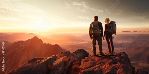 Couple man and woman hikers on top of a mountain at sunset or sunrise, together enjoying their climbing success and the breathtaking view, looking towards the horizon