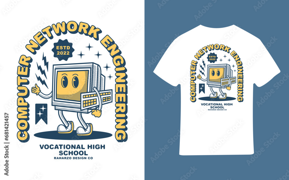 vector illustration of computer and network engineering t-shirt, monitor, keyboard, technical, program, retro, vintage, good design for screen printing