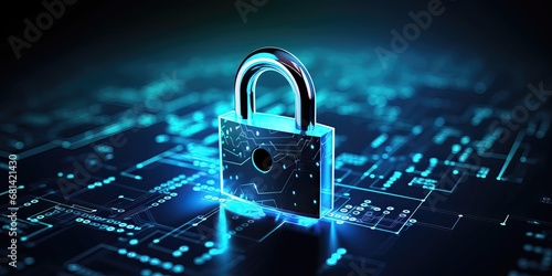Digital padlock for computing system on dark blue background, cyber security technology for fraud prevention and privacy data network protection