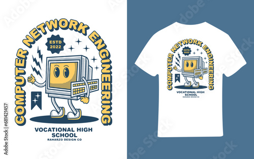 vector illustration of computer and network engineering t-shirt, monitor, keyboard, technical, program, retro, vintage, good design for screen printing
