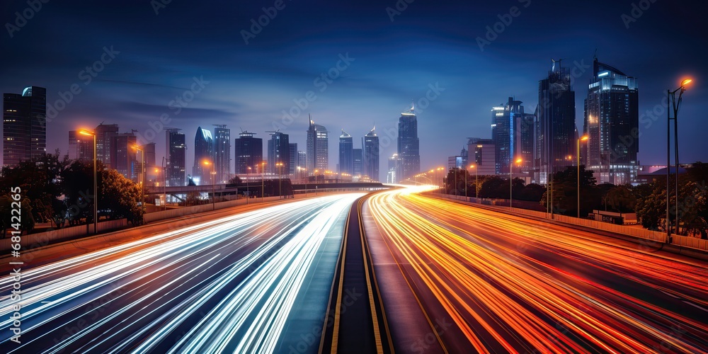 High speed urban traffic on a city highway during evening rush hour, car headlights and busy night transport captured by motion blur lighting effect and abstract long exposure photo
