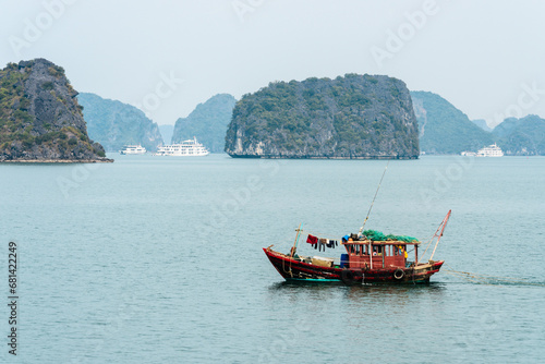 Traditional fishing boat on Halong Bay, Vietnam