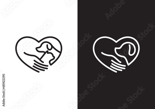 dog and cat logo design. love pet care white linear style concept element symbol vector illustration.