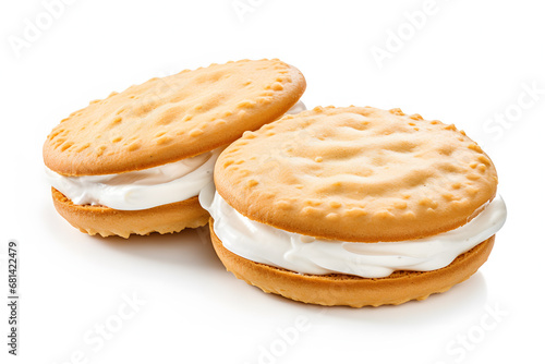 Two duble cookies with white cream on white background photo