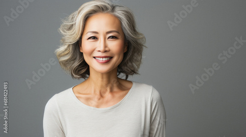 Smiling mature asian woman in white shirt, isolated on grey.