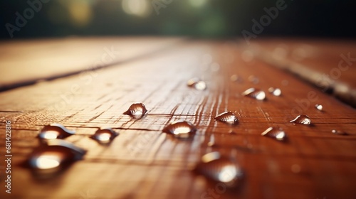 close-up portrait of water drops on wooden table, AI generated, background image photo