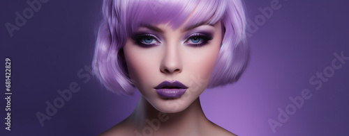 A beautiful model in with purple hair and elegant makeup  in the style of shimmering  luminous palette  salon. Isolated studio background. Hair styling