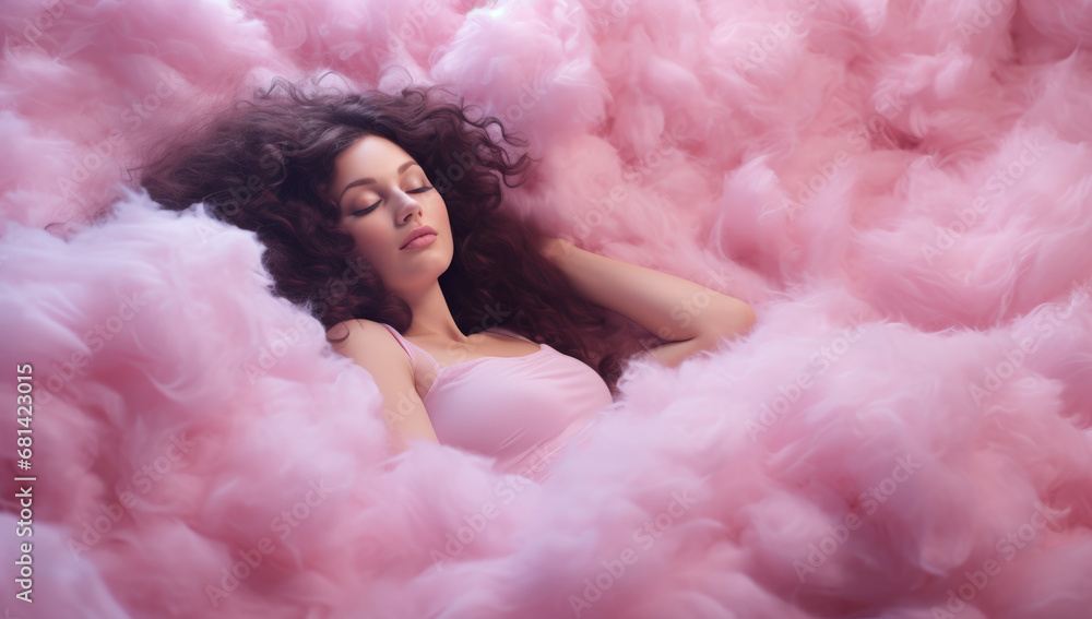 Beautiful dark haired woman laid on a bed of cotton candy, sweet dreams concept. Dreaming and comfort. Beautiful dark haired woman laid on a bed of cotton candy, sweet dreams concept. Dreaming and comfort.