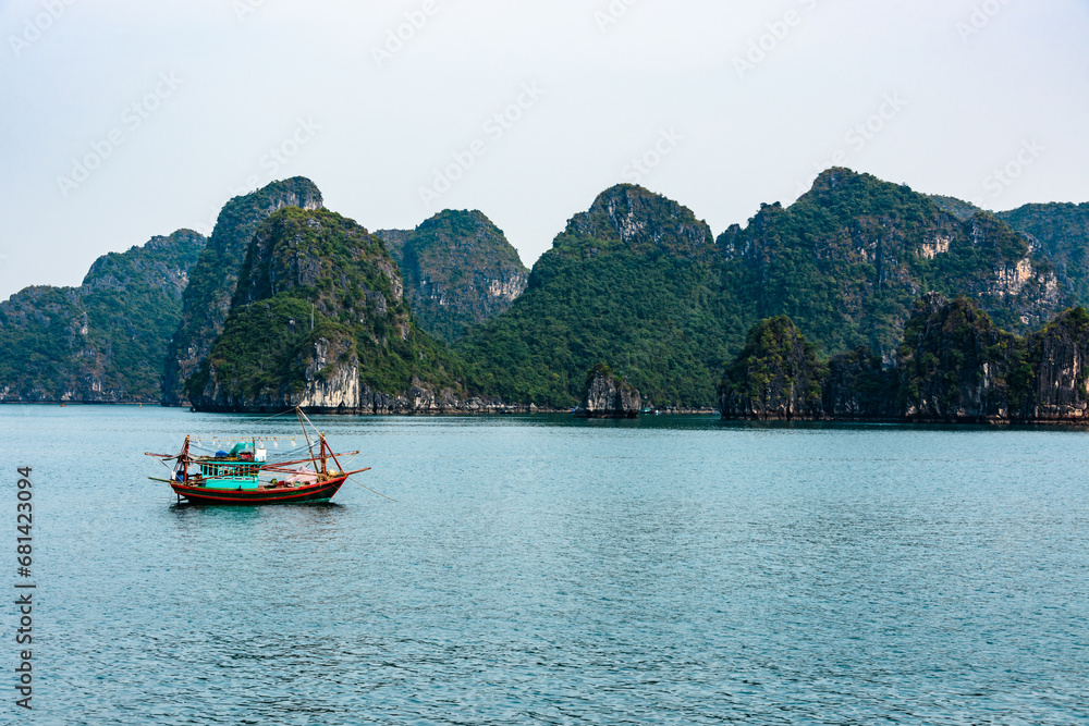 Traditional fishing boat on Halong Bay, Vietnam