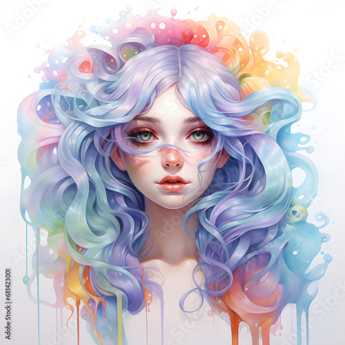 illustration of the face of a woman with flowing light blue hair in watercolor style. © princess