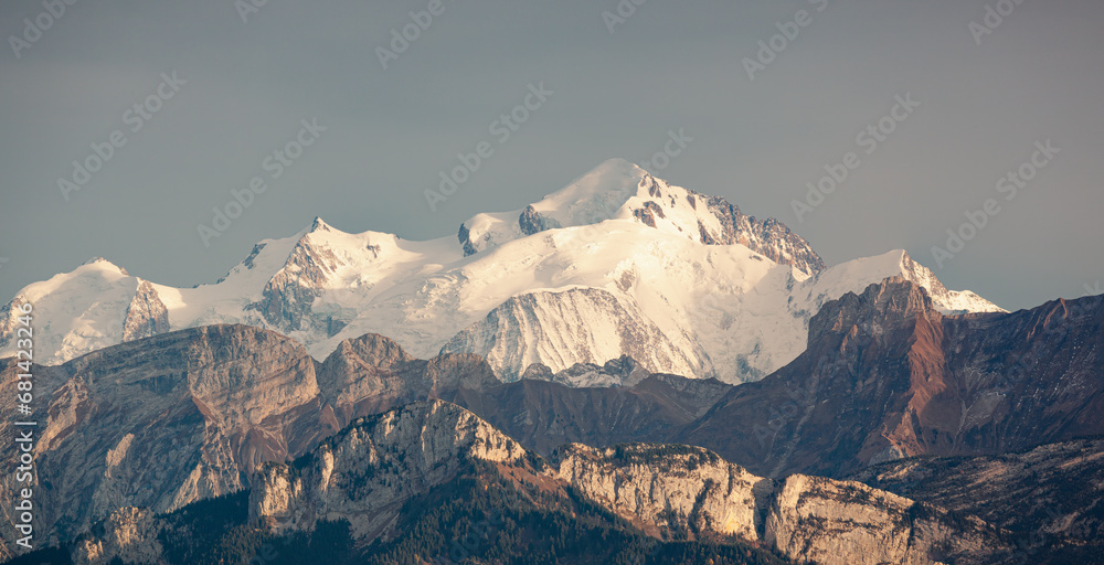 View of Mont Blanc summit from Mont Salève, Haute-Savoie, France - obrazy, fototapety, plakaty 