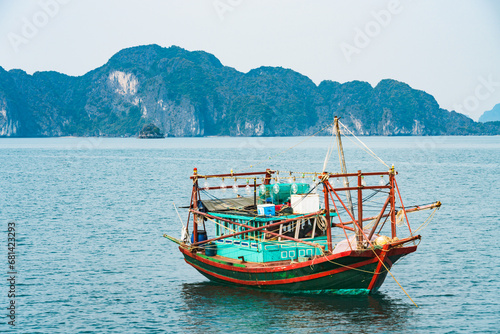 Traditional fishing boat on Halong Bay, Vietnam